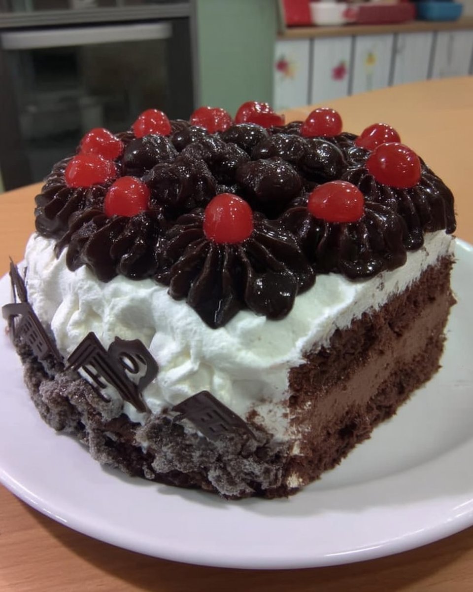 Whole black forest cake with cherry filling ready to serve