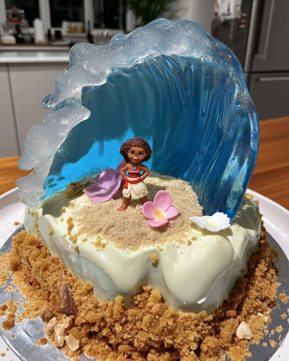 Moana Cake 13 Piping blue buttercream waves onto a cake