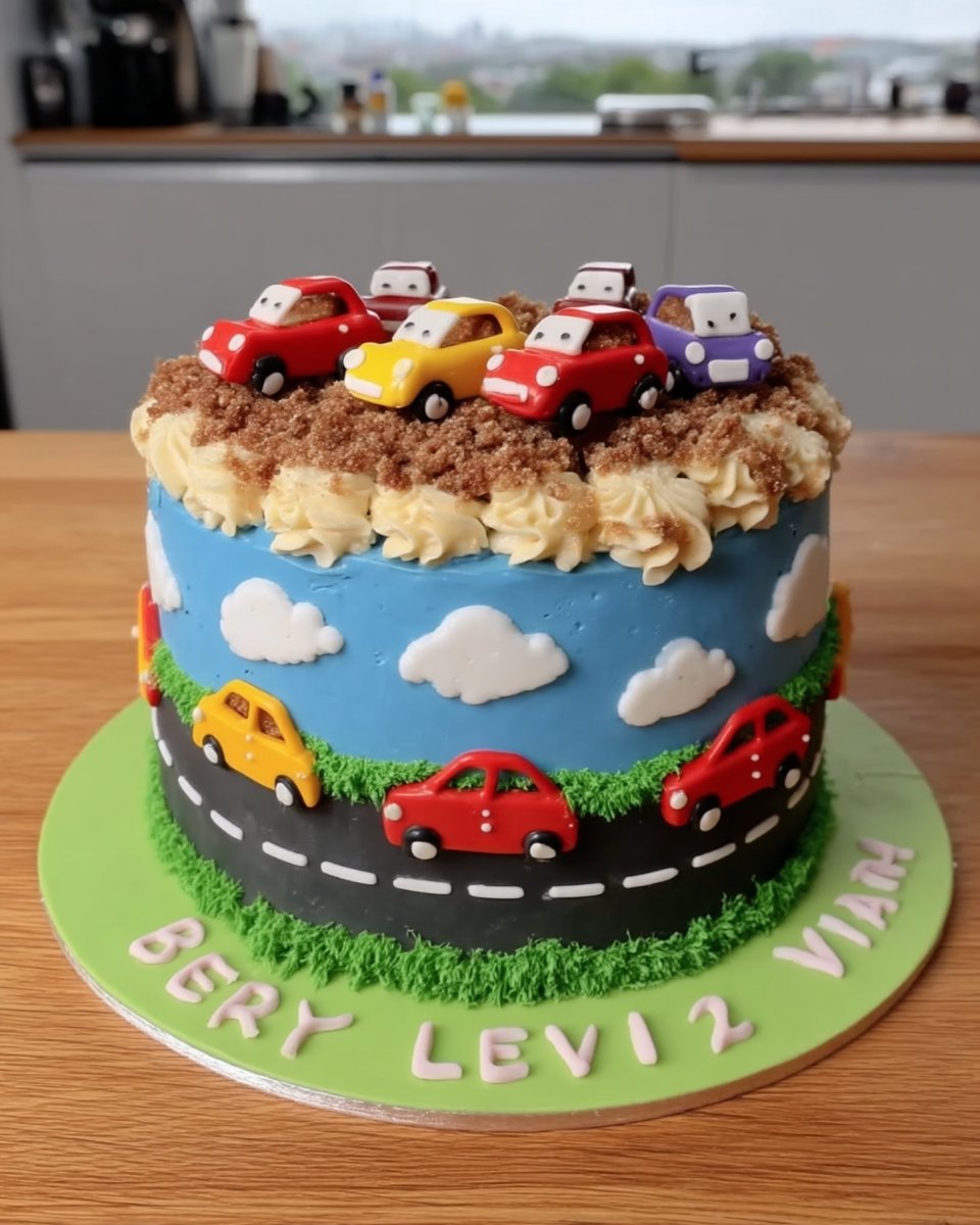 Blue buttercream boy cake with fondant cars and road track