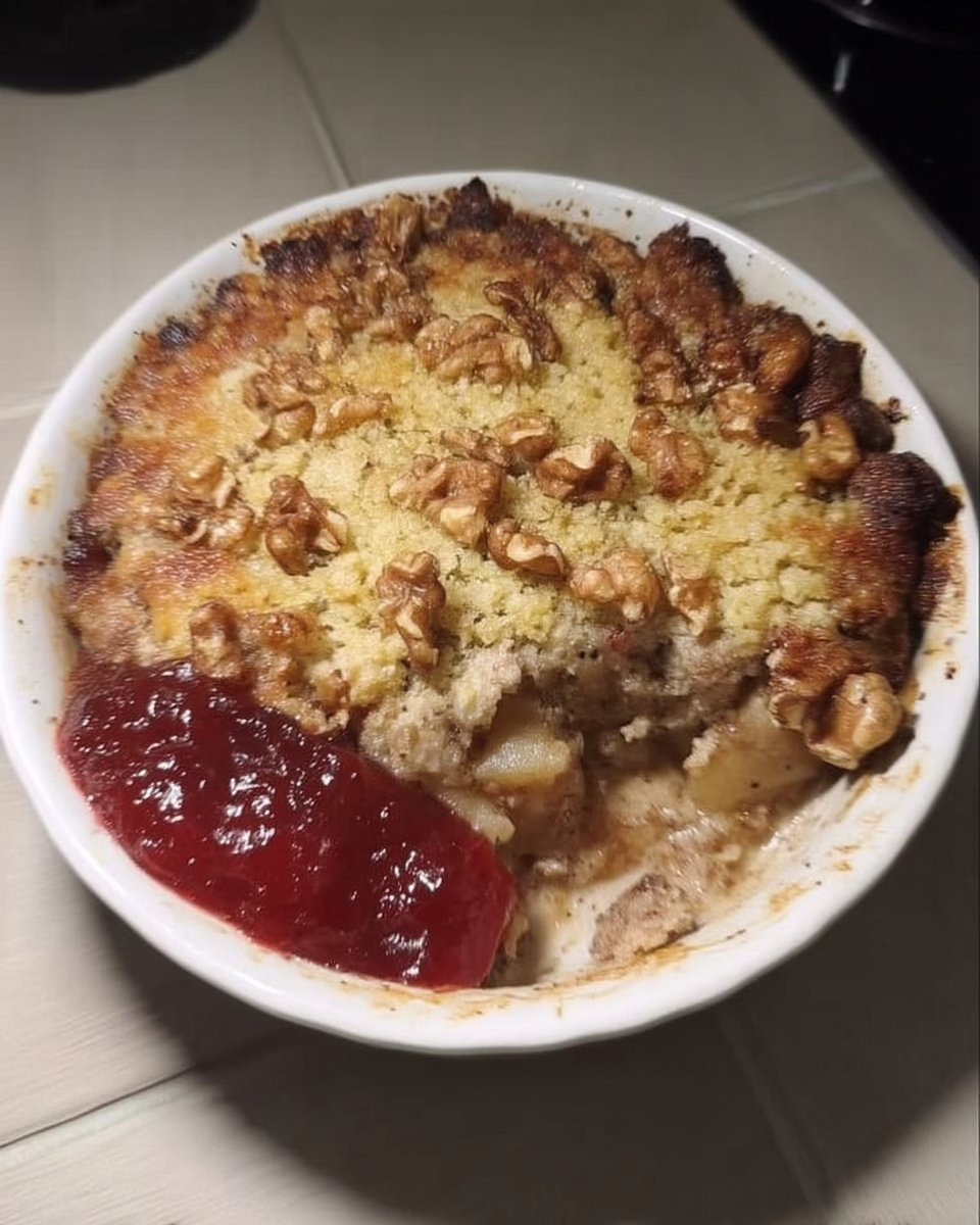 Dump cake in pan topped with sliced butter and walnuts before baking