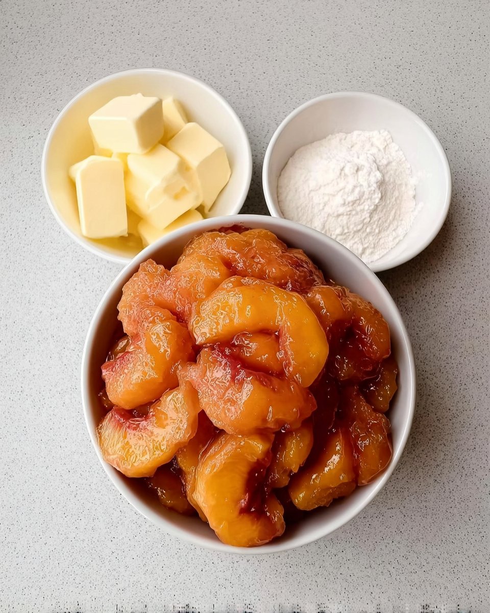 Ingredients for peach dump cake including canned peaches yellow cake mix and butter blocks