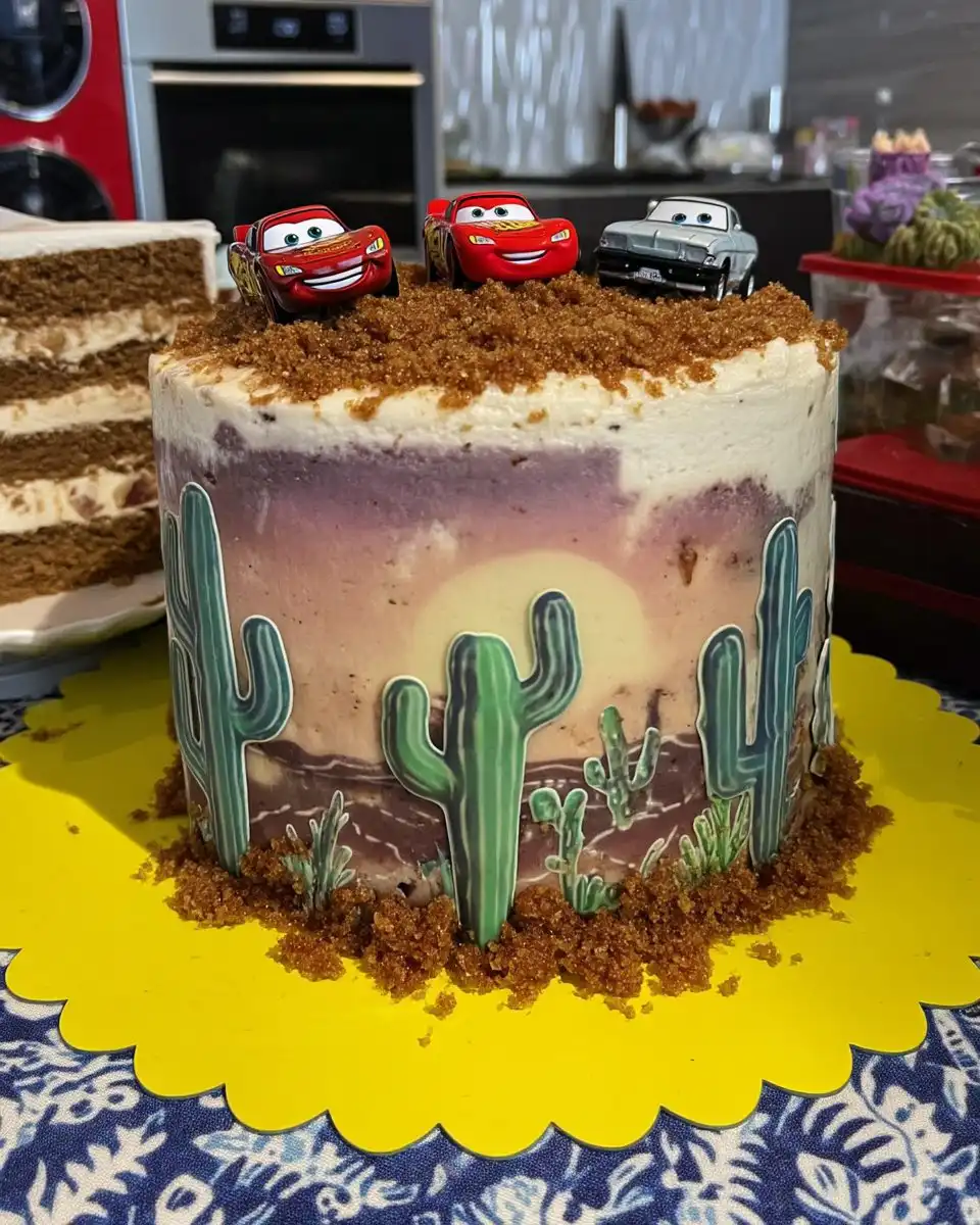 Chef hands carving chocolate cake layers into car shape using a serrated knife