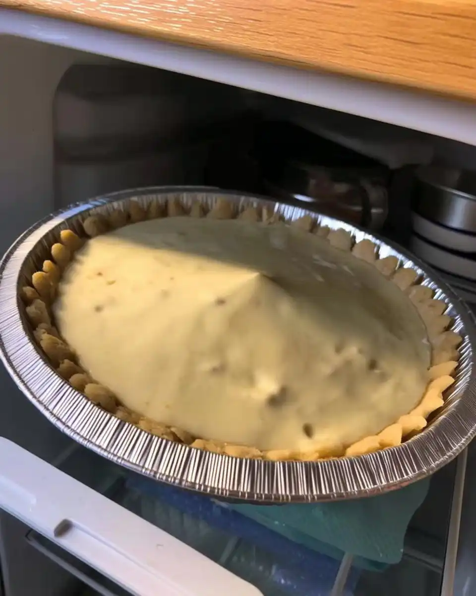 Springform pan wrapped in foil inside a roasting pan with water