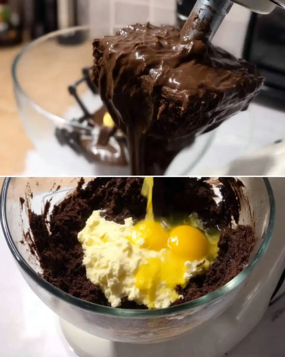Silky chocolate cake batter being poured showing ribbon texture