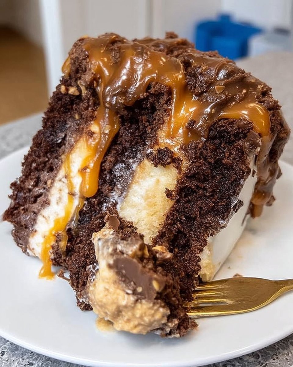 Finished snickers cake with chocolate ganache drip and peanut topping