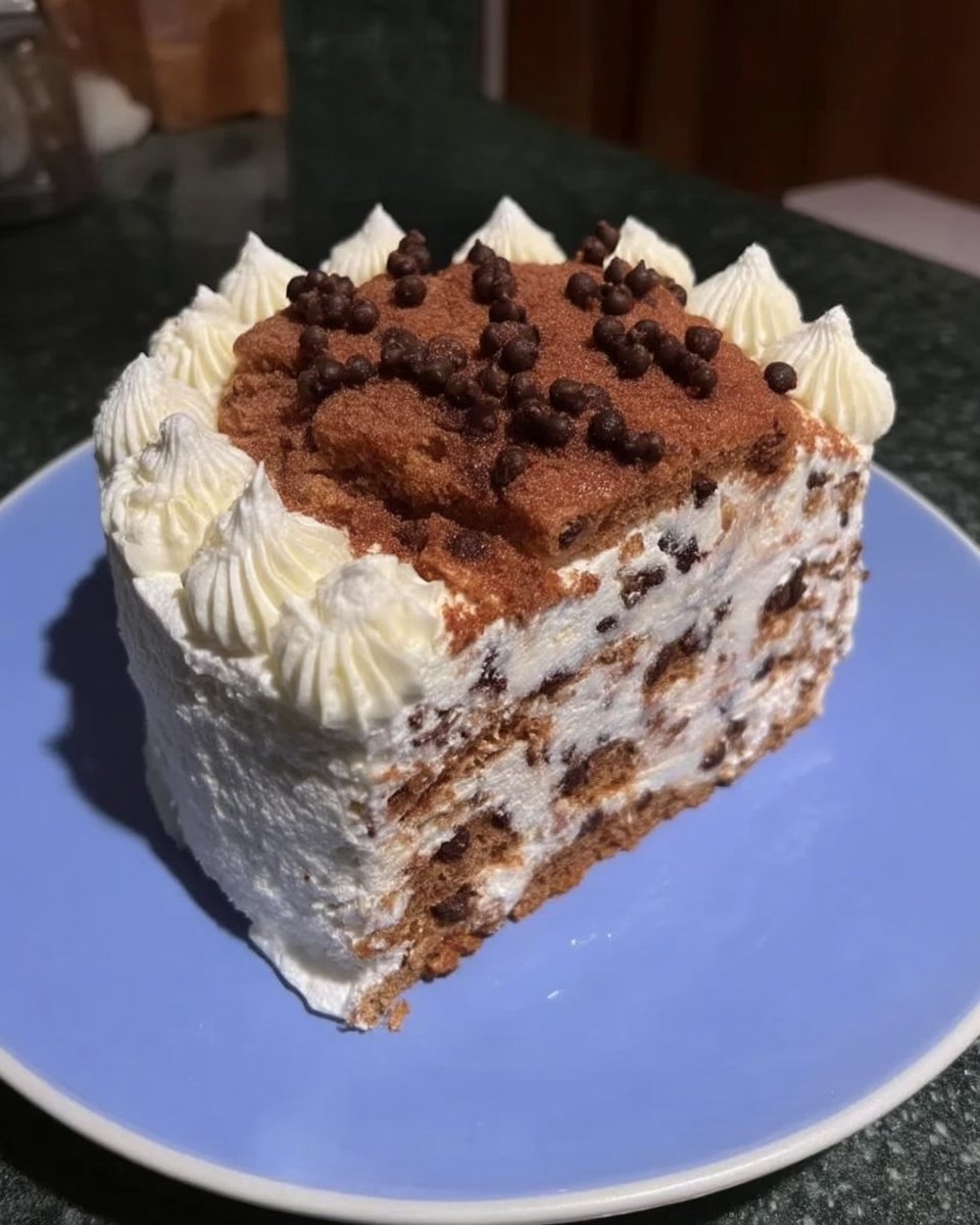 Slice of chocolate layer cake showing distinct layers of chiffon cremeux and ganache
