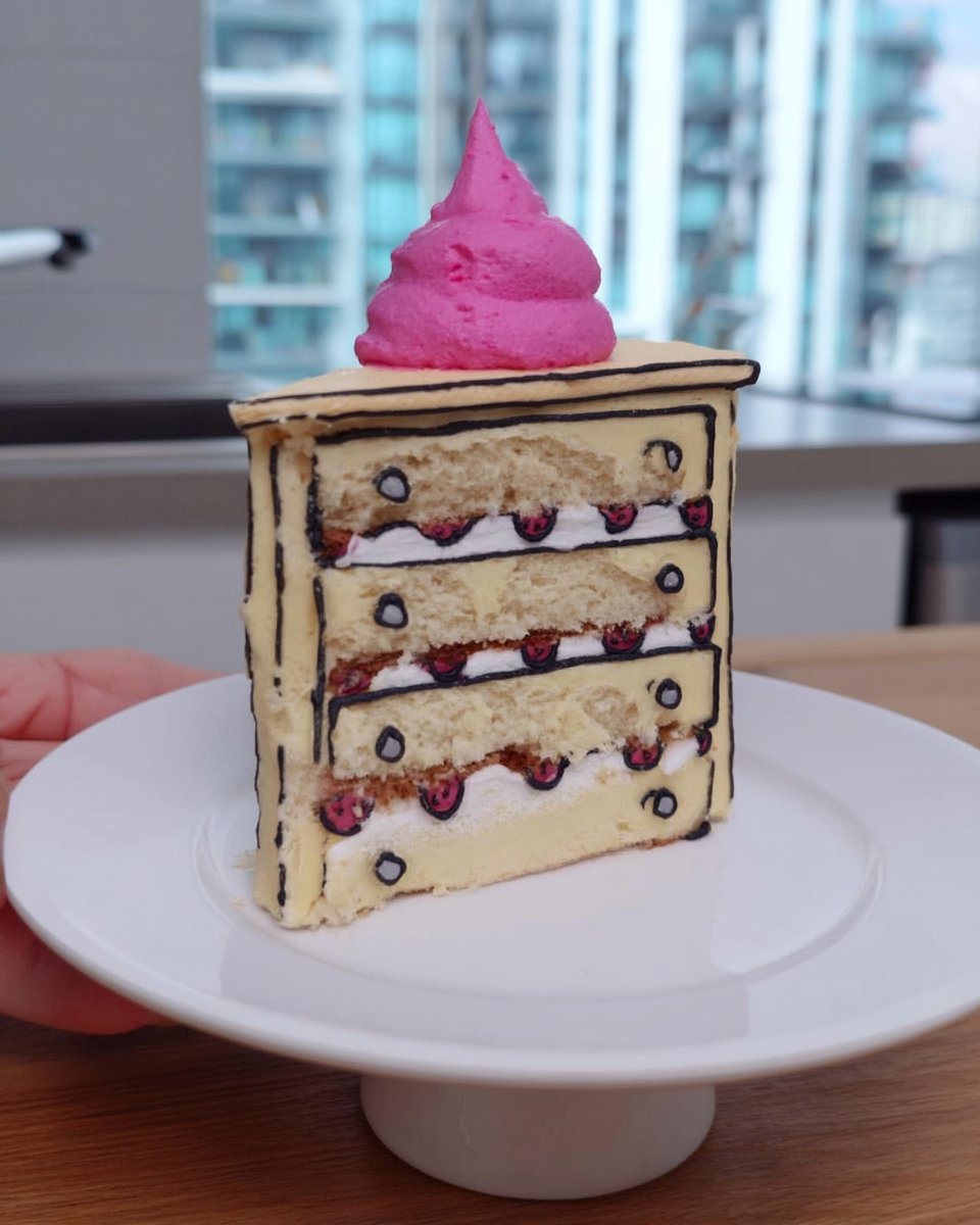 Comic cake slice with peanut butter sponge and black outlines