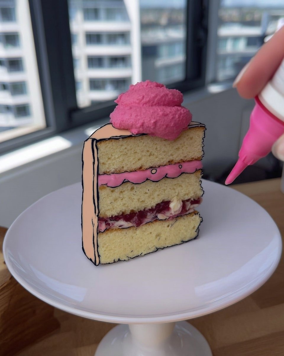 Finished comic cake wedge served on a white plate