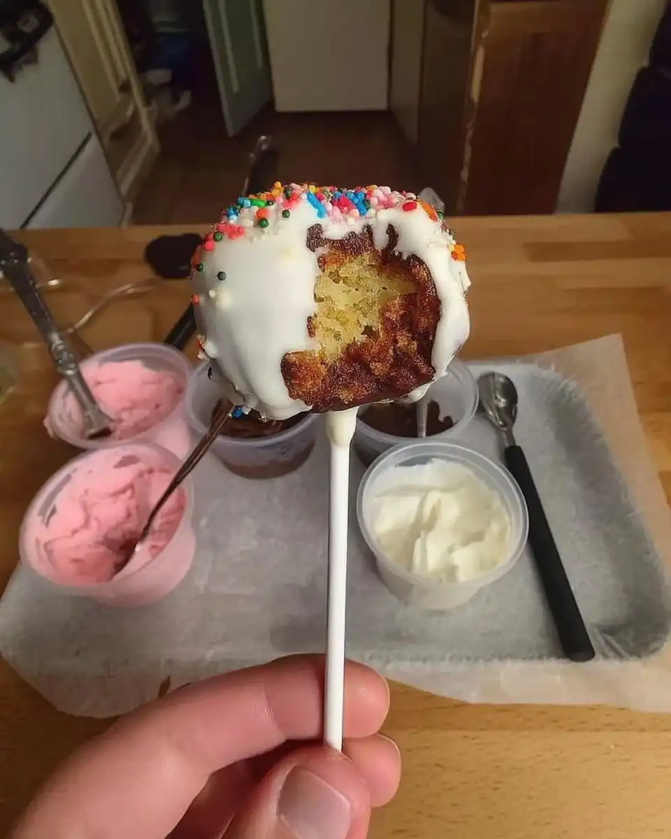 Dipping cheesecake balls into melted white chocolate