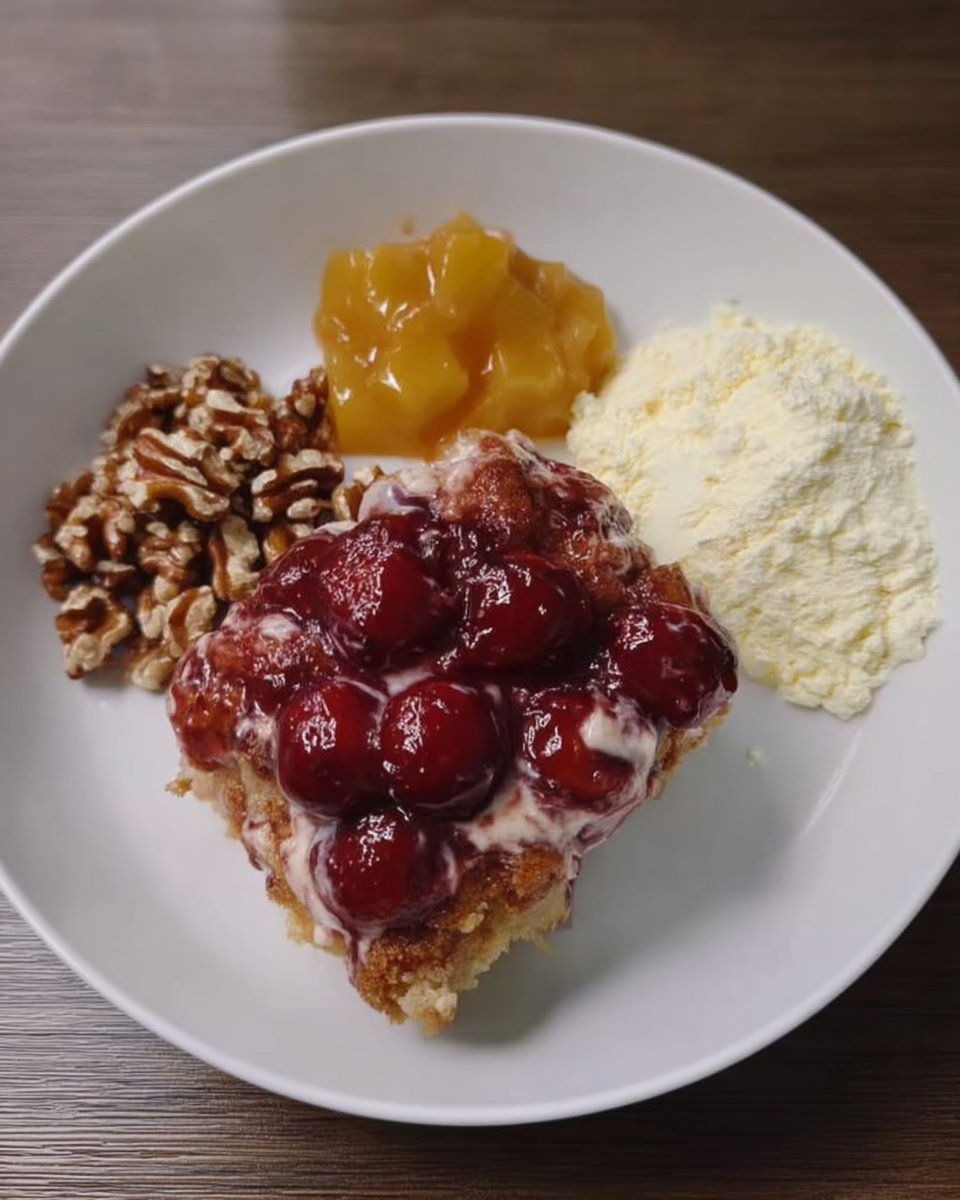 Canned cherry pie filling yellow cake mix box and butter on marble surface