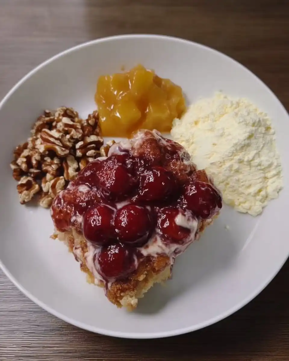 Canned cherry pie filling yellow cake mix box and butter on marble surface