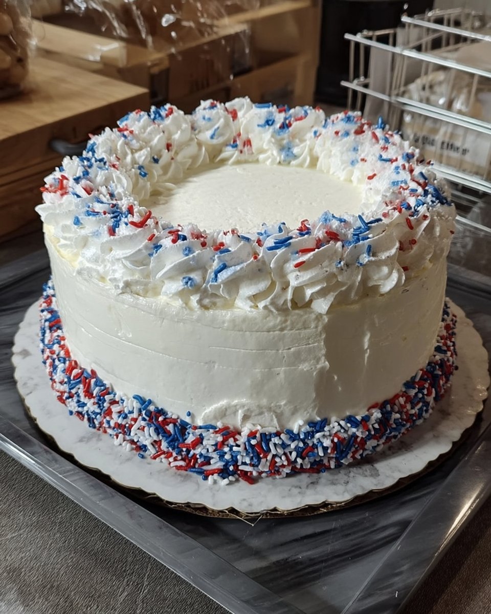 Close up of flag cake with fresh blueberries and raspberries on cream cheese frosting