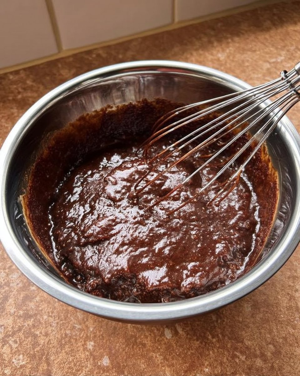 Folding egg whites into chocolate cake batter for aeration