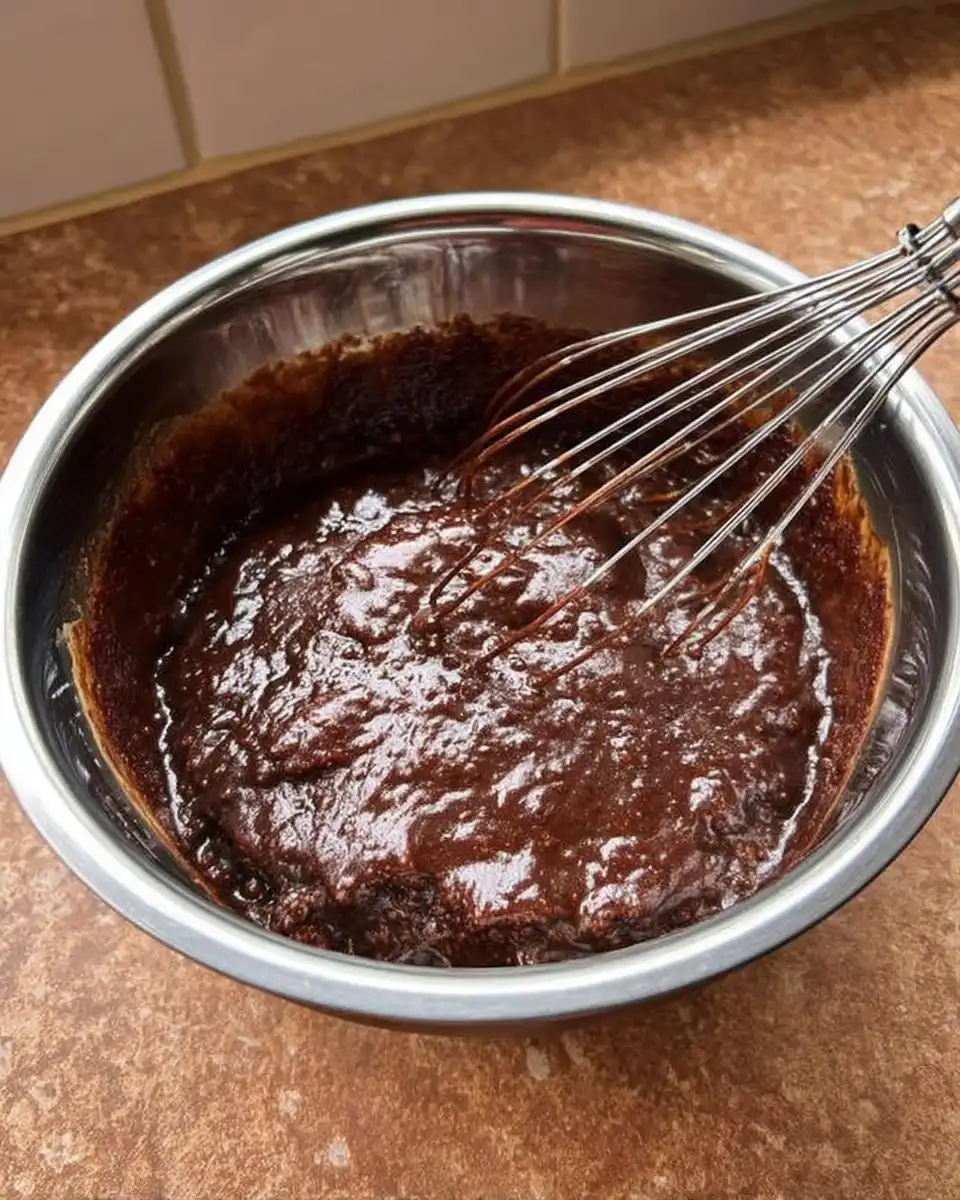 Folding egg whites into chocolate cake batter for aeration