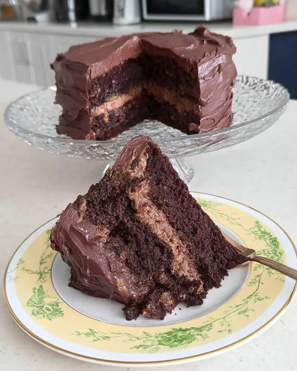 Whole frosted devil's food cake on a white cake stand