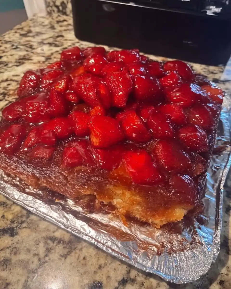 Strawberry sheet cake being frosted with cream cheese icing