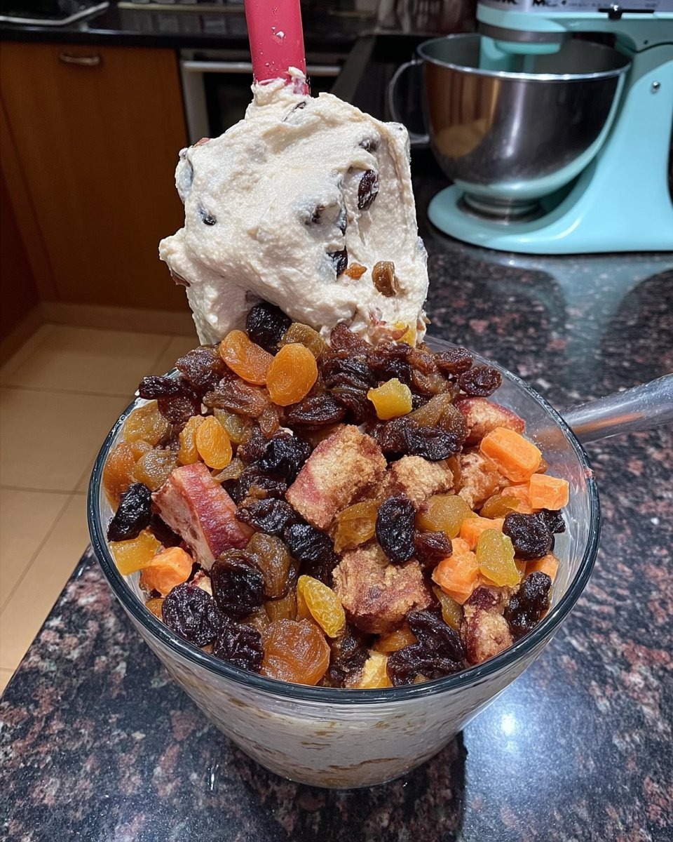 Spatula folding flour into fruit cake batter in mixing bowl