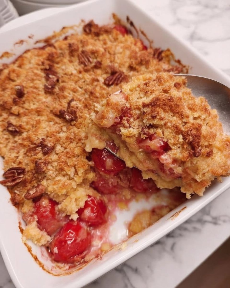 Scoop of 3 ingredient dump cake showing cherry filling and crisp golden topping
