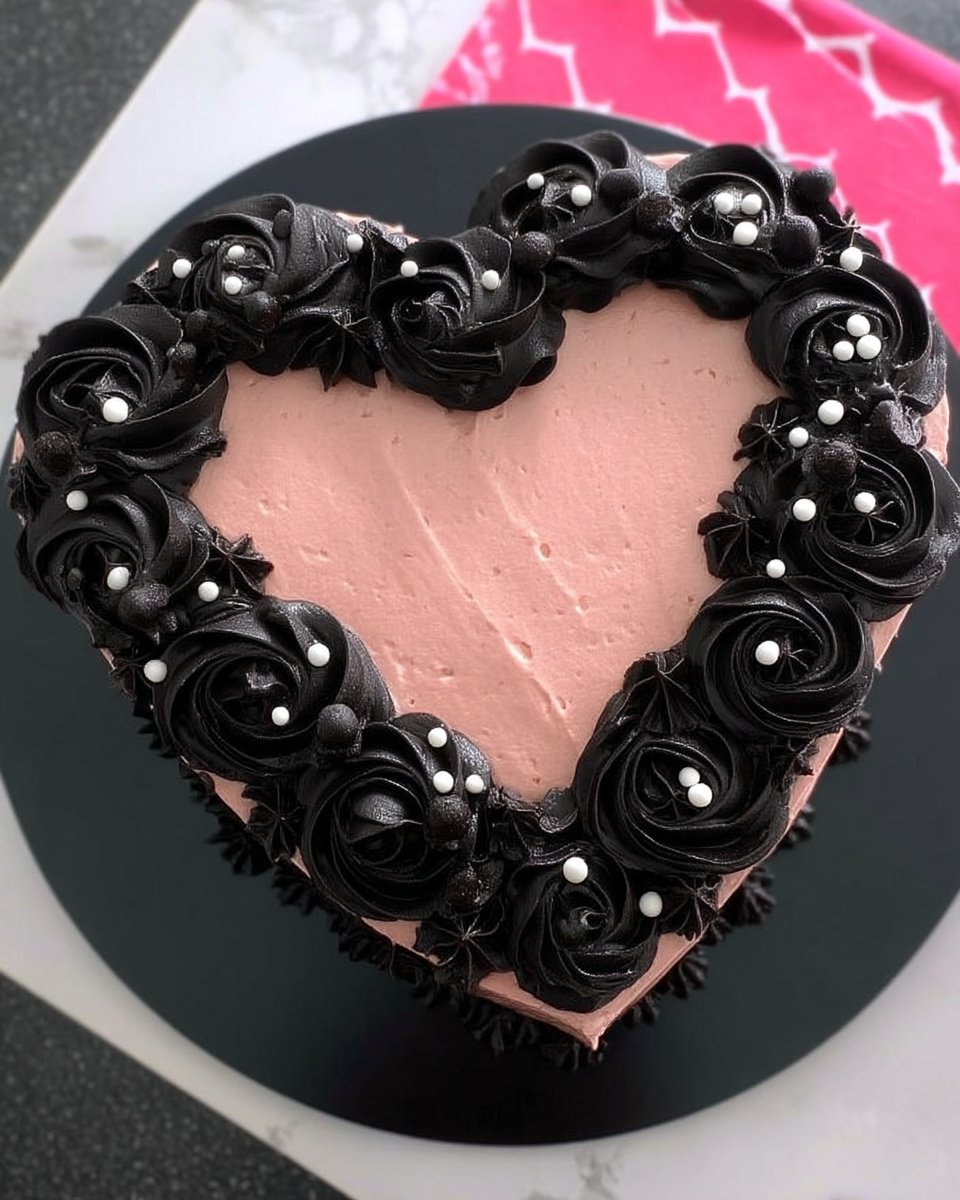 Heart shaped valentine cake created from square and round cakes with pink frosting