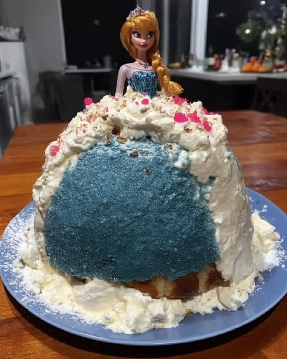 Barbie Cake 12 Yellow cake mix vanilla frosting and a fashion doll on a marble counter