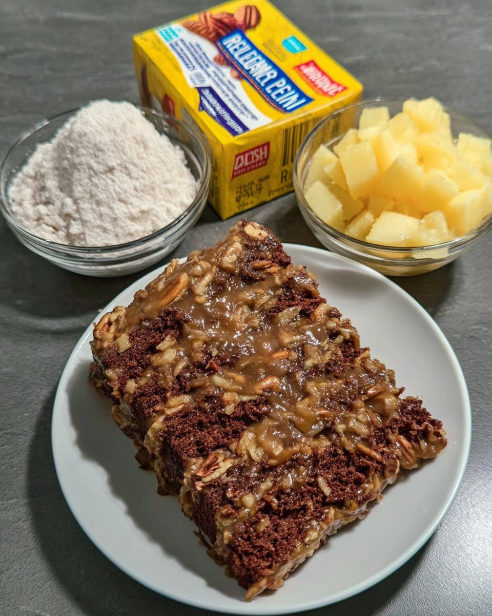 Ingredients for earthquake cake including pecans coconut and german chocolate mix