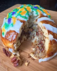 King cake with purple green and gold sugar glaze on a white platter