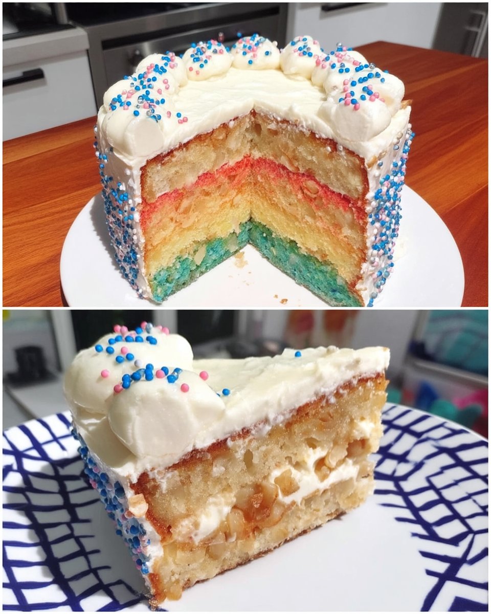 Whole lemon rainbow cake on a stand topped with sprinkles