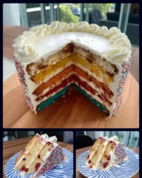Slice of lemon rainbow cake showing six vibrant layers with buttercream and lemon curd filling