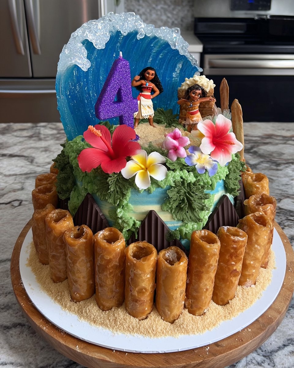 Moana birthday cake with blue ocean waves and biscuit sand