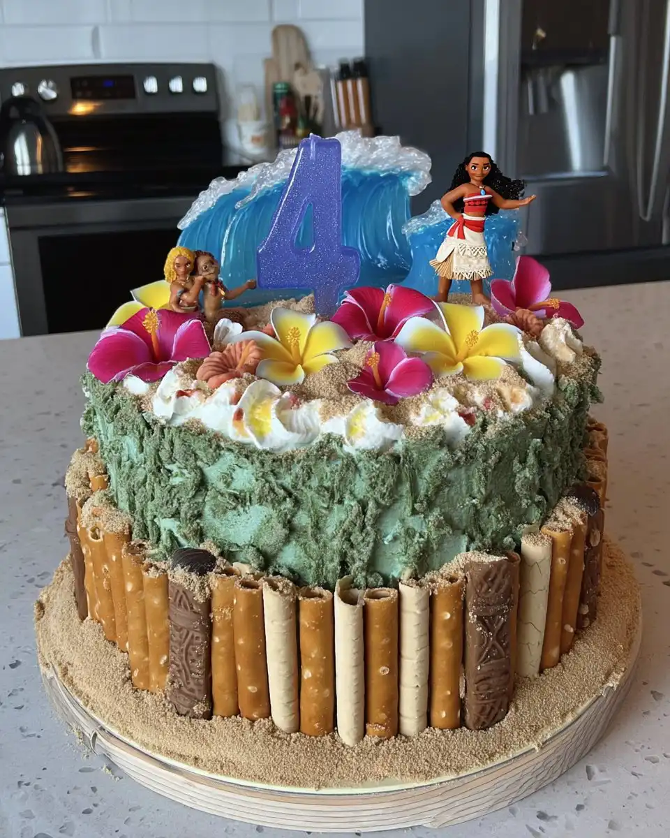 Slice of moana cake on a plate showing layers