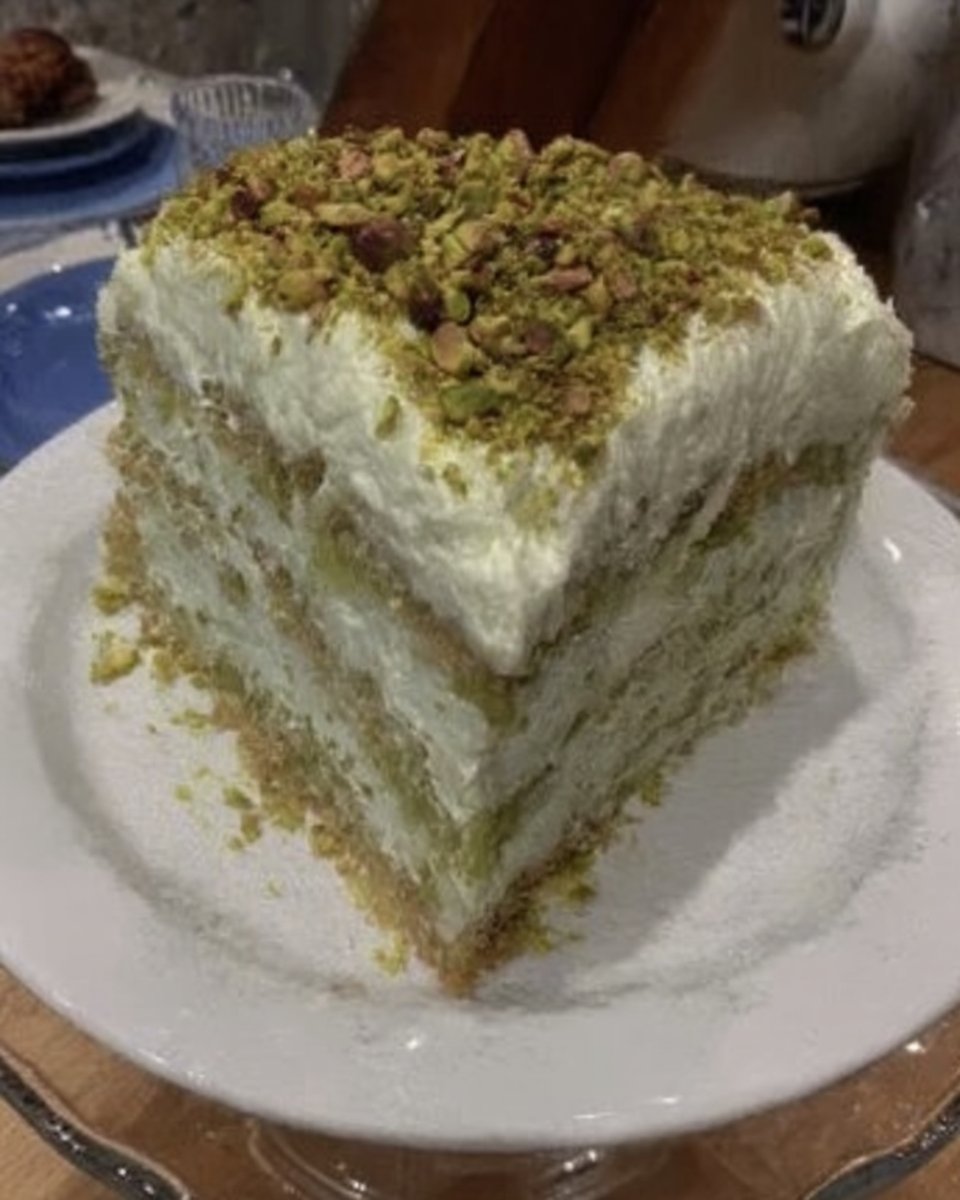 Slice of moist green Watergate cake with fluffy pistachio topping on a white plate