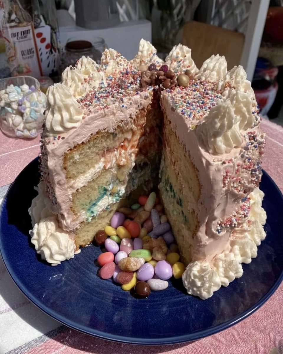 Slice of pinata cake being pulled away to reveal candy spilling out