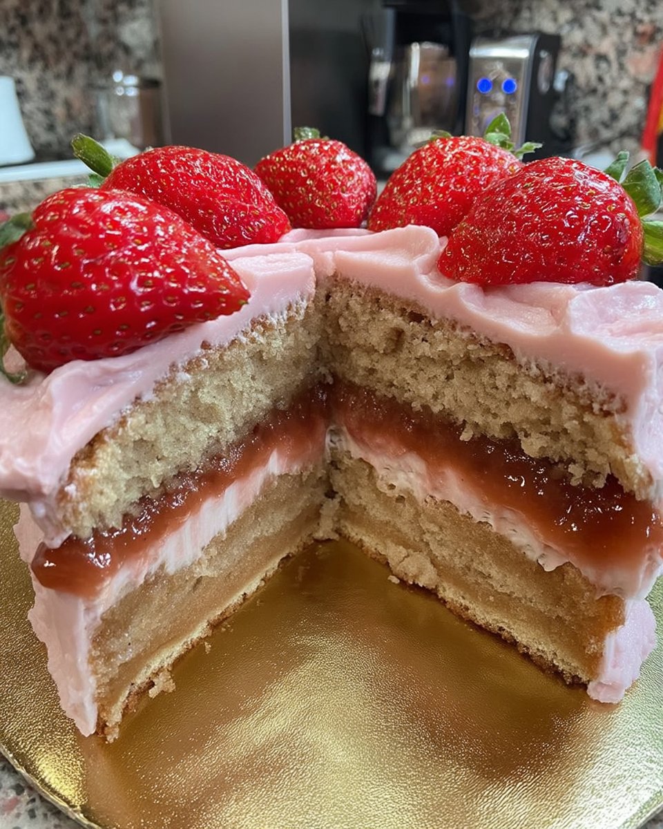 Slice of cake topped with thick pink strawberry cream cheese frosting