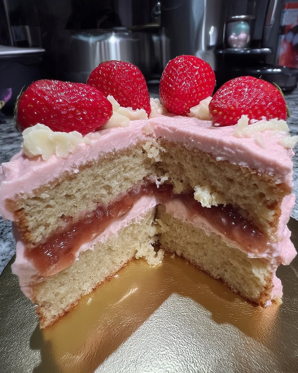 Pink cake frosting swirled in a bowl with strawberry jam texture