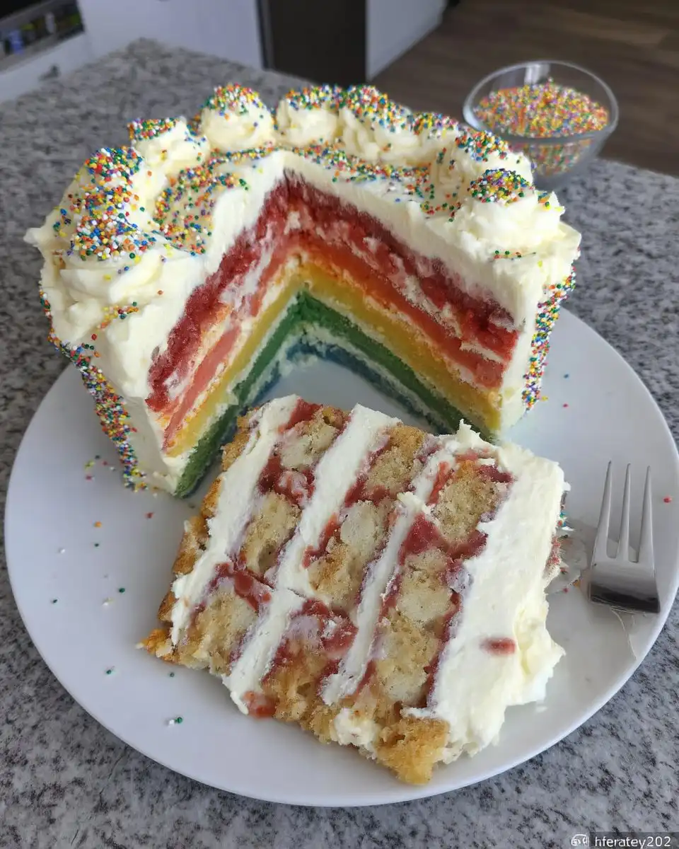 Piping vanilla buttercream onto a colorful cake layer