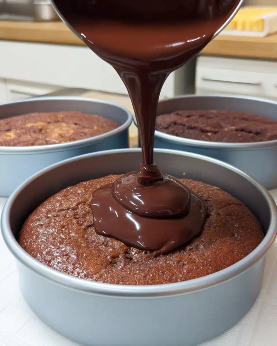 Snickers Cake 13 Piping bag applying peanut butter buttercream to chocolate cake layer