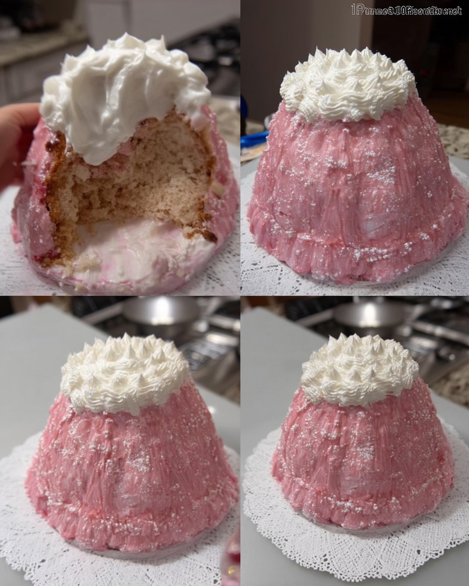 Piping pink whipped cream onto the cake dome