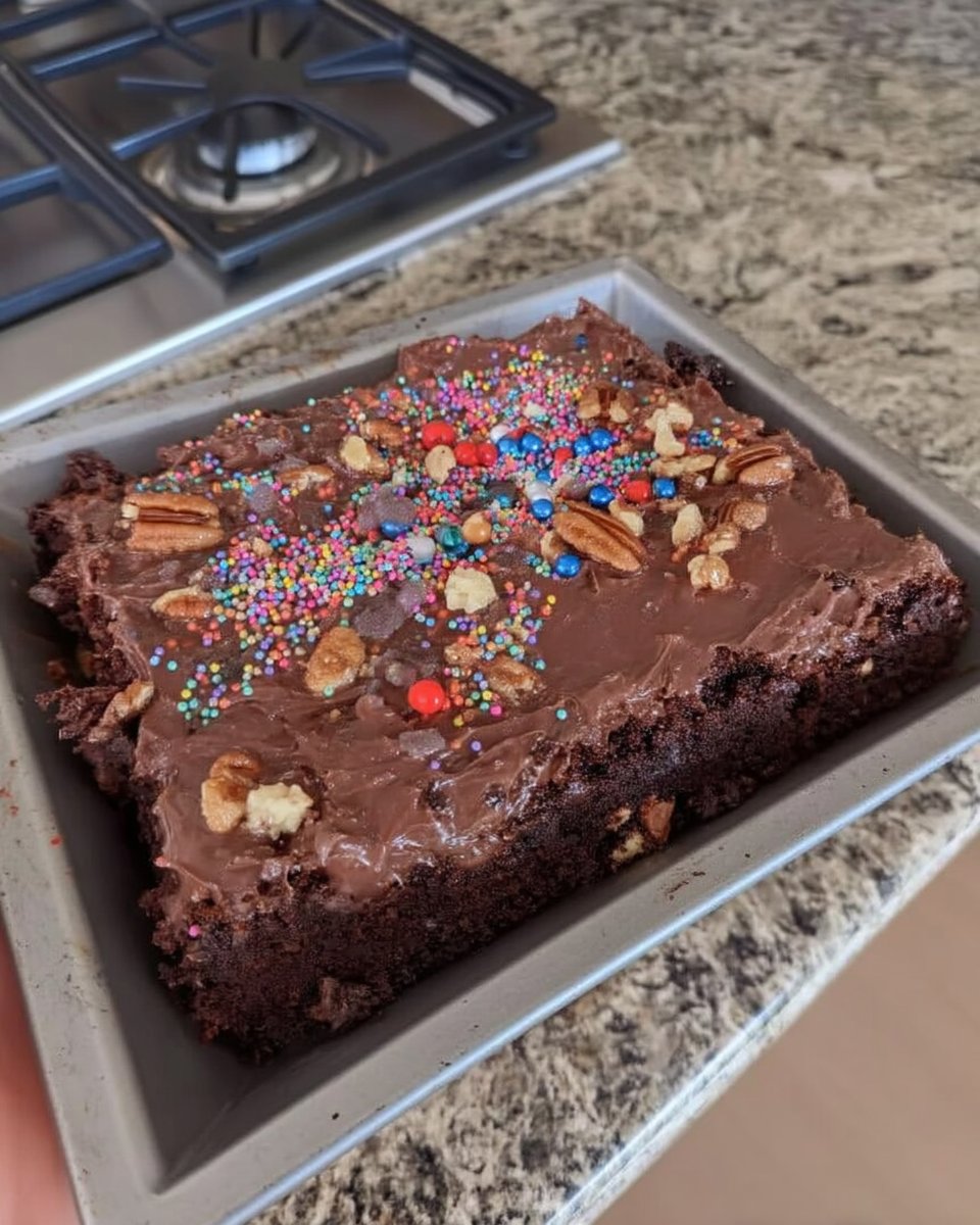 Pouring hot chocolate pecan icing over a baked sheet cake