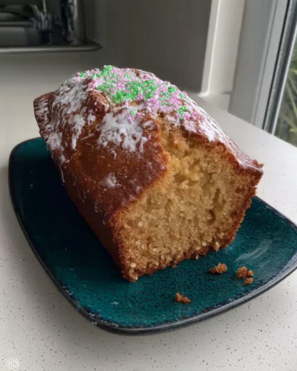 Pouring lemon sugar syrup over a warm loaf cake