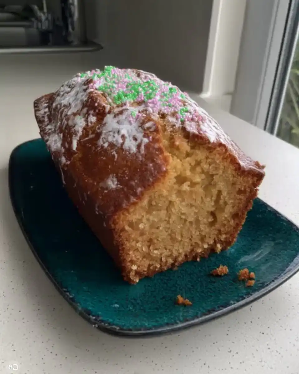 Pouring lemon sugar syrup over a warm loaf cake