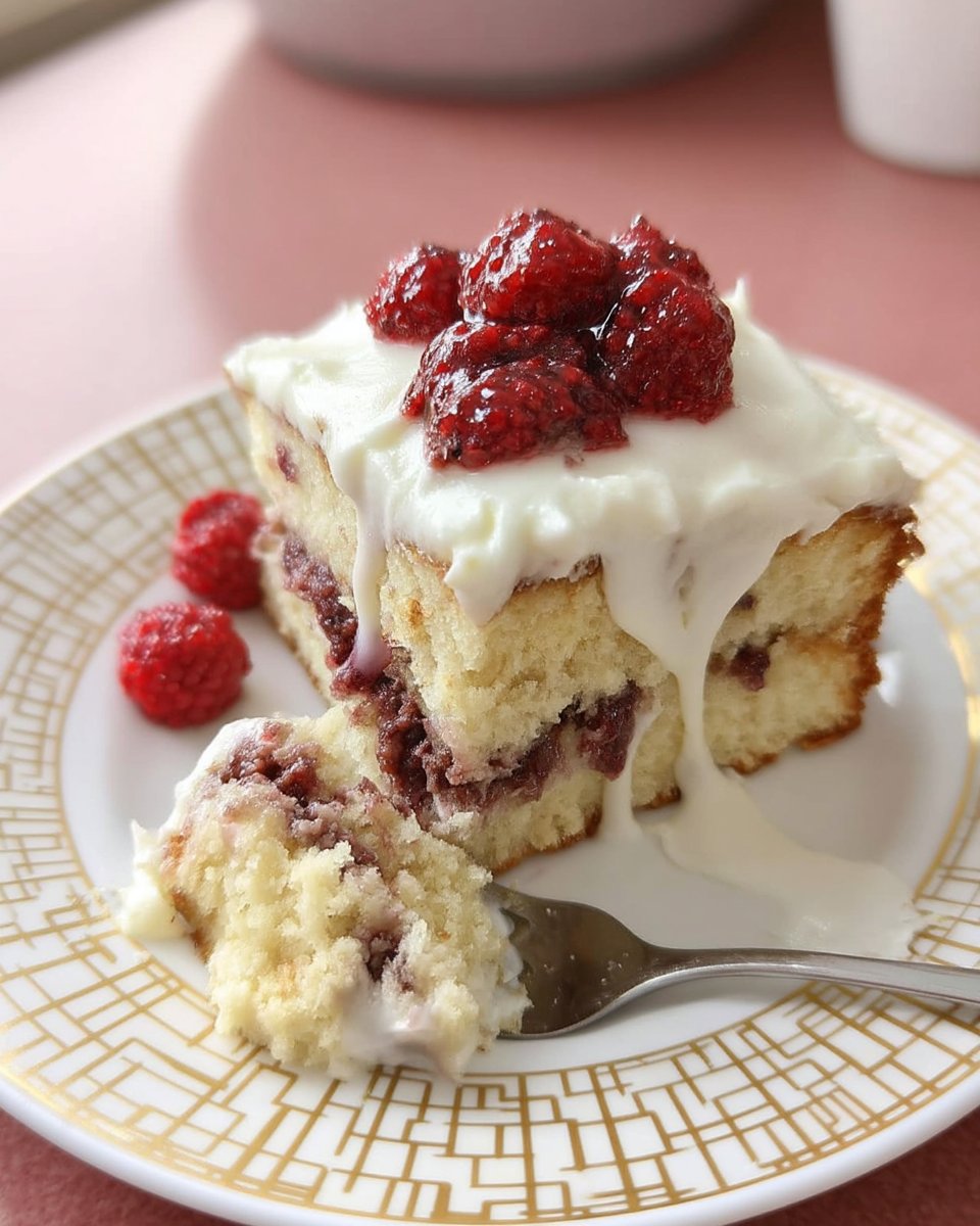 Ingredients for raspberry white chocolate cake including fresh berries and sour cream