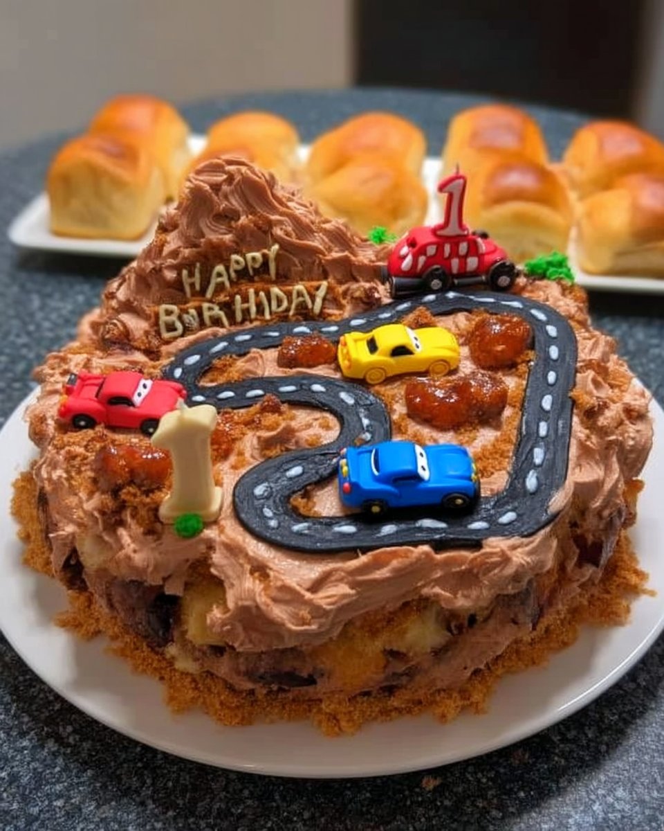 Whole ribbon cake on a serving stand with fresh berries