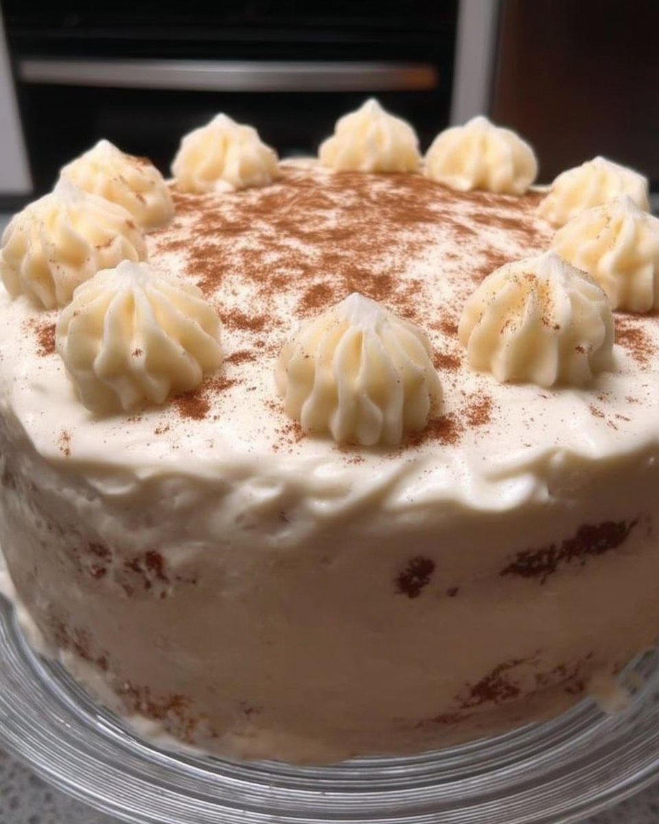 Whole eggnog cake garnished with pecans ready to serve