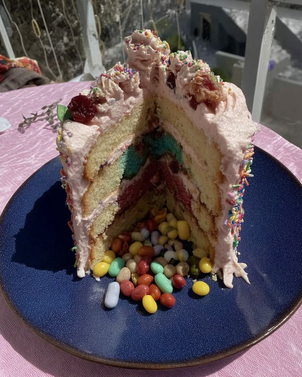 Whole frosted pinata cake on a white stand