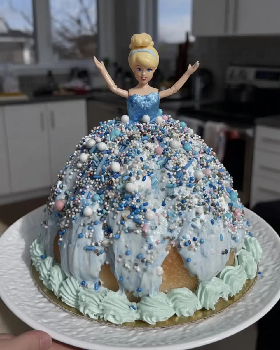 Tsunami Cake 14 Sliced princess tsunami cake with sprinkles on a plate