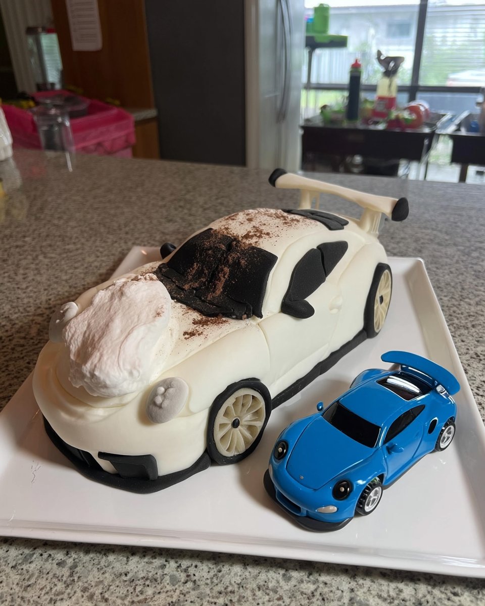 Sliced vanilla car cake showing soft texture