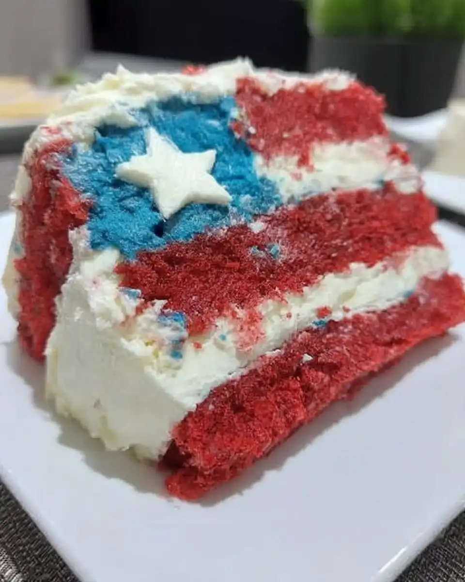 A slice of red white and blue cake showing yellow crumb and fluffy topping