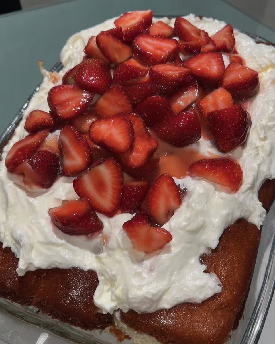 Finished strawberry poke cake topped with fresh strawberries ready to serve