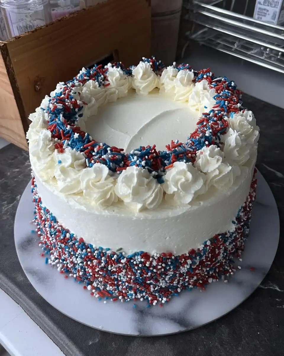 Flag Cake 14 Slice of flag cake on a white plate showing tender yellow crumb