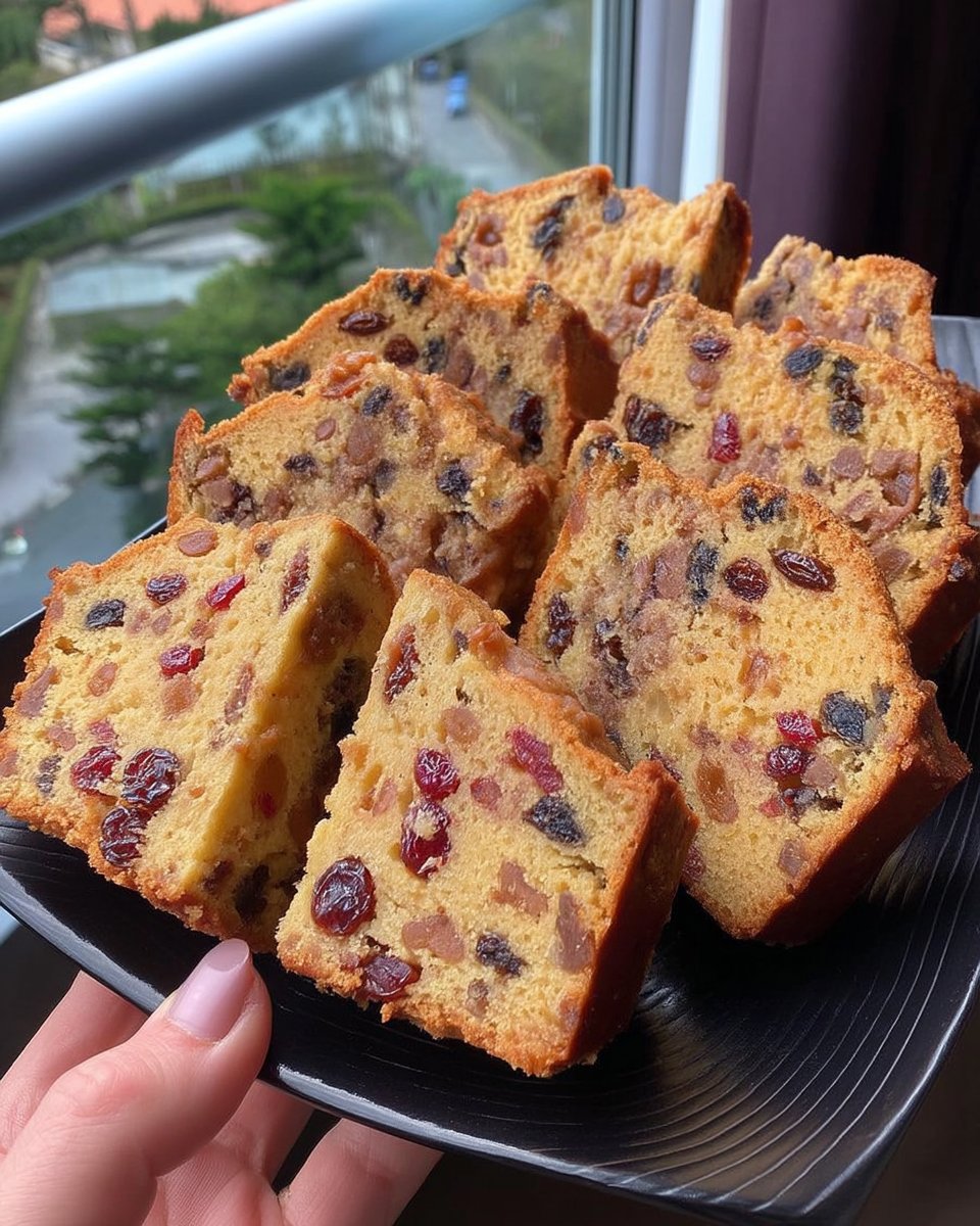 Thinly sliced fruit cake served on a plate with tea